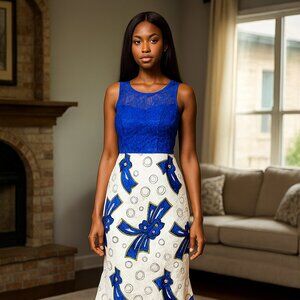 Lace Lined Blue Geometric Wedding Prom Boho Tropical Resort Y2K Dress Women 18